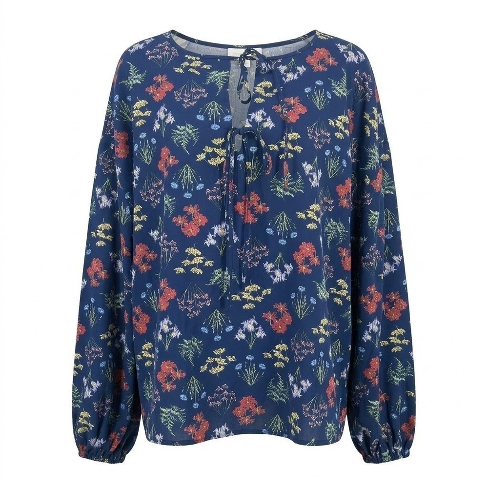 NEW Eloquii Elements Womens 18 2X Blue Floral Tie Neck Balloon Sleeve Blouse Top